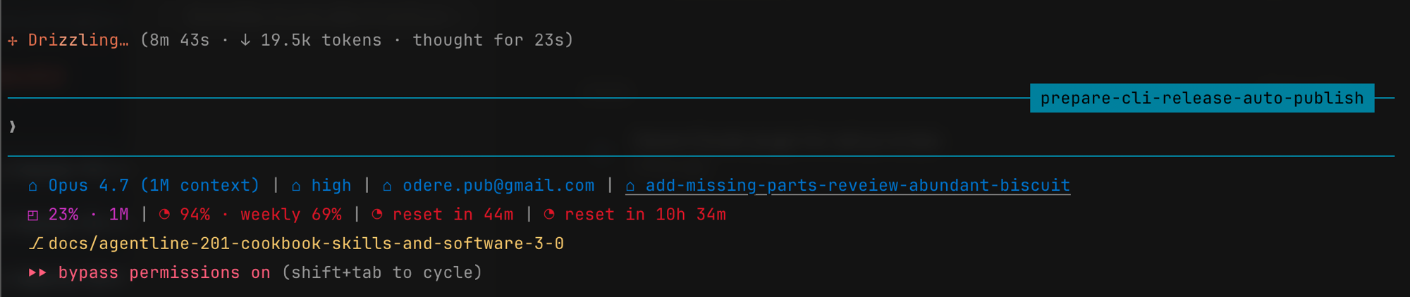 agentline powerline statusline for Claude Code rendered in a terminal across three rows: model and thinking effort, account email and git branch, context-window percentage, weekly usage, session and week reset timers, working directory, and permissions mode, in the claude-code-dark theme